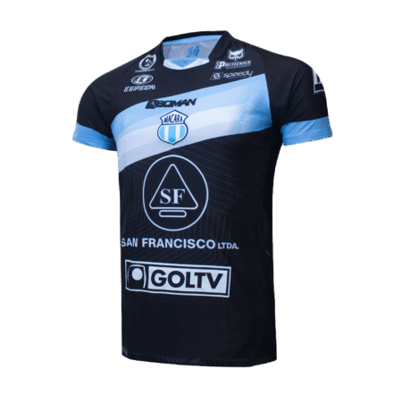 A dark blue jersey with a light blue diagonal line on the upper part