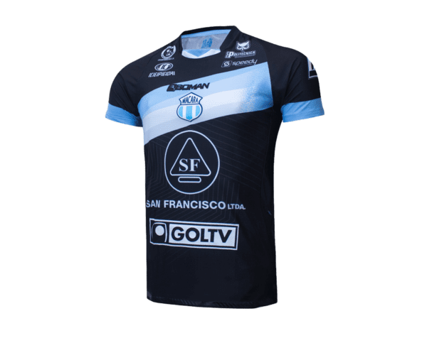 A dark blue jersey with a light blue diagonal line on the upper part