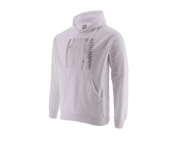A white hoodie with pockets in the middle