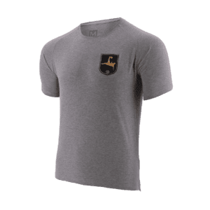 A light gray T-shirt with logo on the side