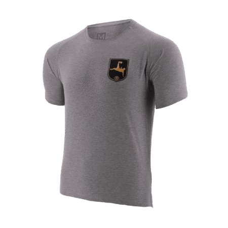 A light gray T-shirt with logo on the side