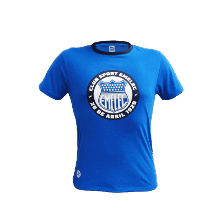 A blue shirt with huge logo in front