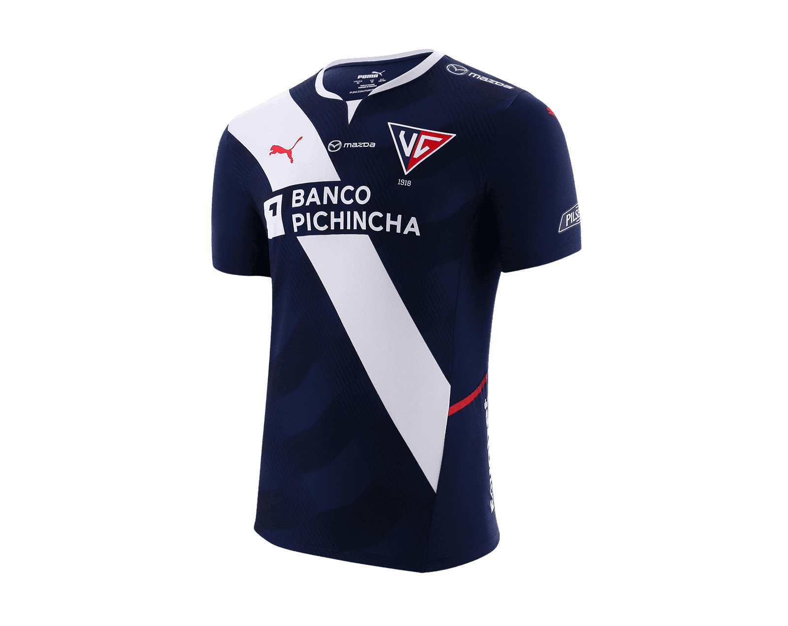 A blue jersey with white diagonal line