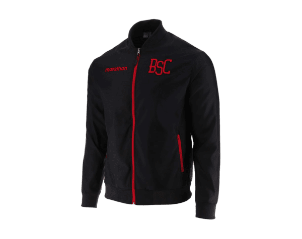 A black jacket with red lines and a pocket on the side