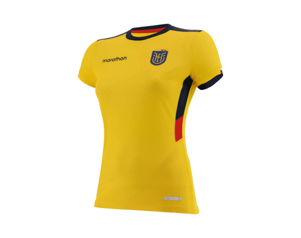 A yellow shirt with black and red lines on both sides
